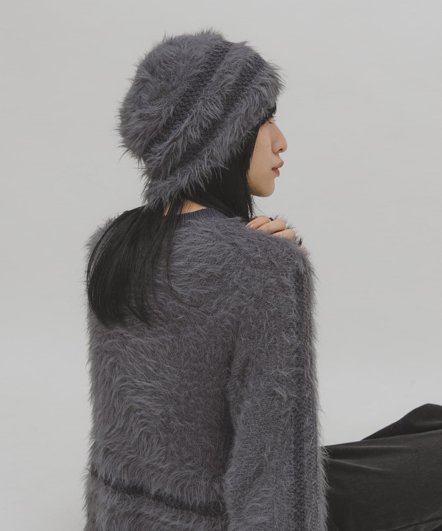  「ラインデザインシャギーニットビーニー」|ニット帽|