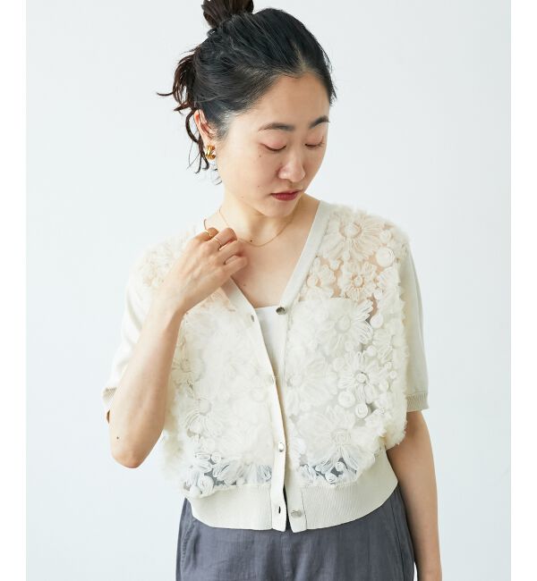  「チュール刺繍ハーフスリーブカーディガン」|カーディガン|