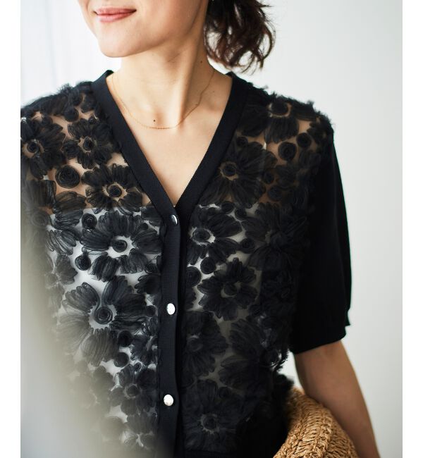  「チュール刺繍ハーフスリーブカーディガン」|カーディガン|