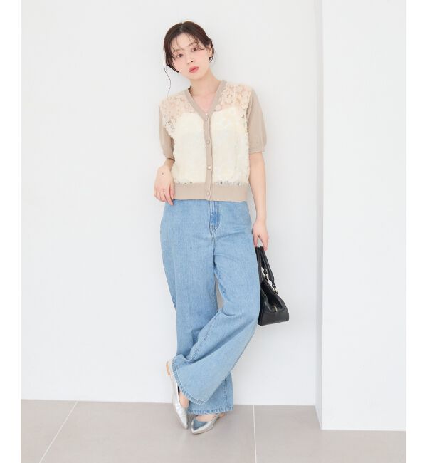  「チュール刺繍ハーフスリーブカーディガン」|カーディガン|