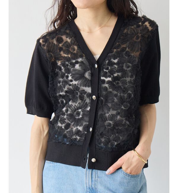 「チュール刺繍ハーフスリーブカーディガン」|カーディガン|ブラック