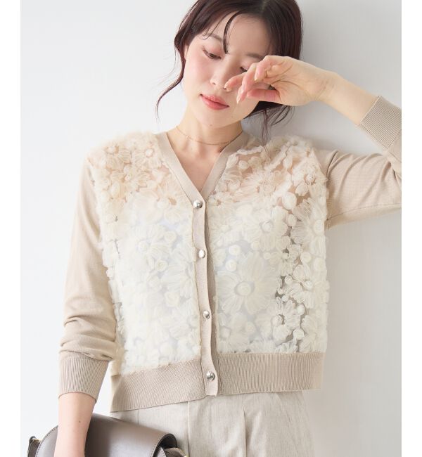  「【長袖】チュール刺繍Vネックカーディガン」|カーディガン|