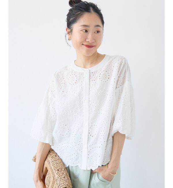  「カットワーク刺繍バルーンスリーブブラウス」|シャツ・ブラウス|オフ