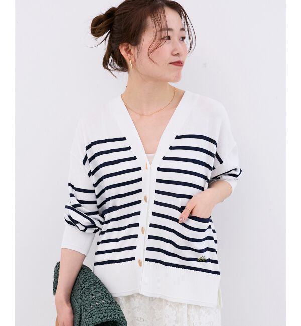  「ウォッシャブル刺繍Vネックカーデ」|カーディガン|オフ／柄