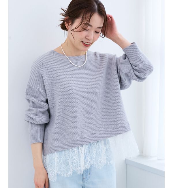  「裾レース畦編みニットプルオーバー」|ニット・セーター|