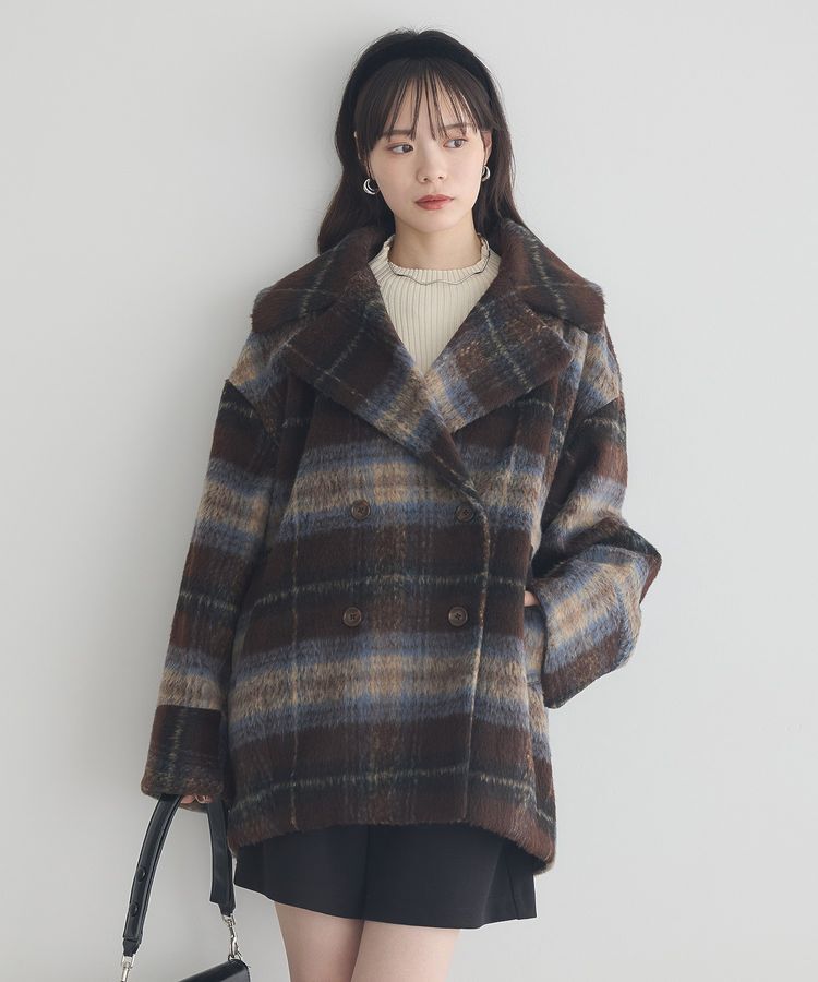 earth music&ecology「チェックシャギーコート」|その他|チェックブラウン
