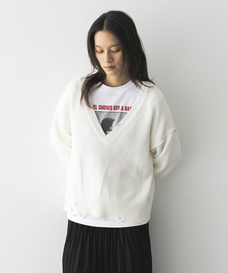 GARAGE OF GOOD CLOTHING「Vネックダメージショートニットプルオーバー」|ニット・セーター|White