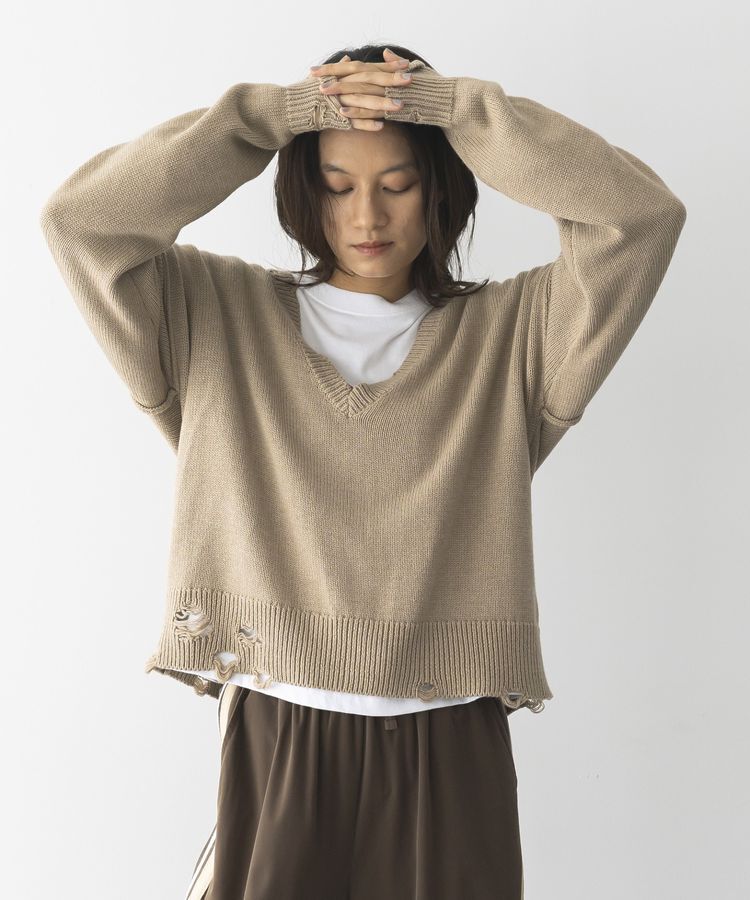 GARAGE OF GOOD CLOTHING「Vネックダメージショートニットプルオーバー」|ニット・セーター|
