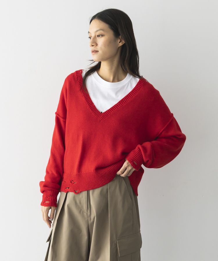 GARAGE OF GOOD CLOTHING「Vネックダメージショートニットプルオーバー」|ニット・セーター|Red