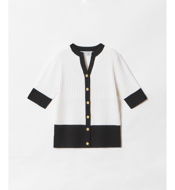 LOULOU WILLOUGHBY「【LOULOU WILLOUGHBY】バイカラーキーネック5分袖カーディガン」|カーディガン|