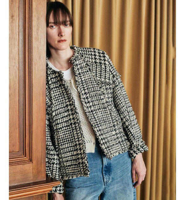 allureville「ハウンドトゥースブロッキングジャケット」|ノーカラージャケット|ブラック