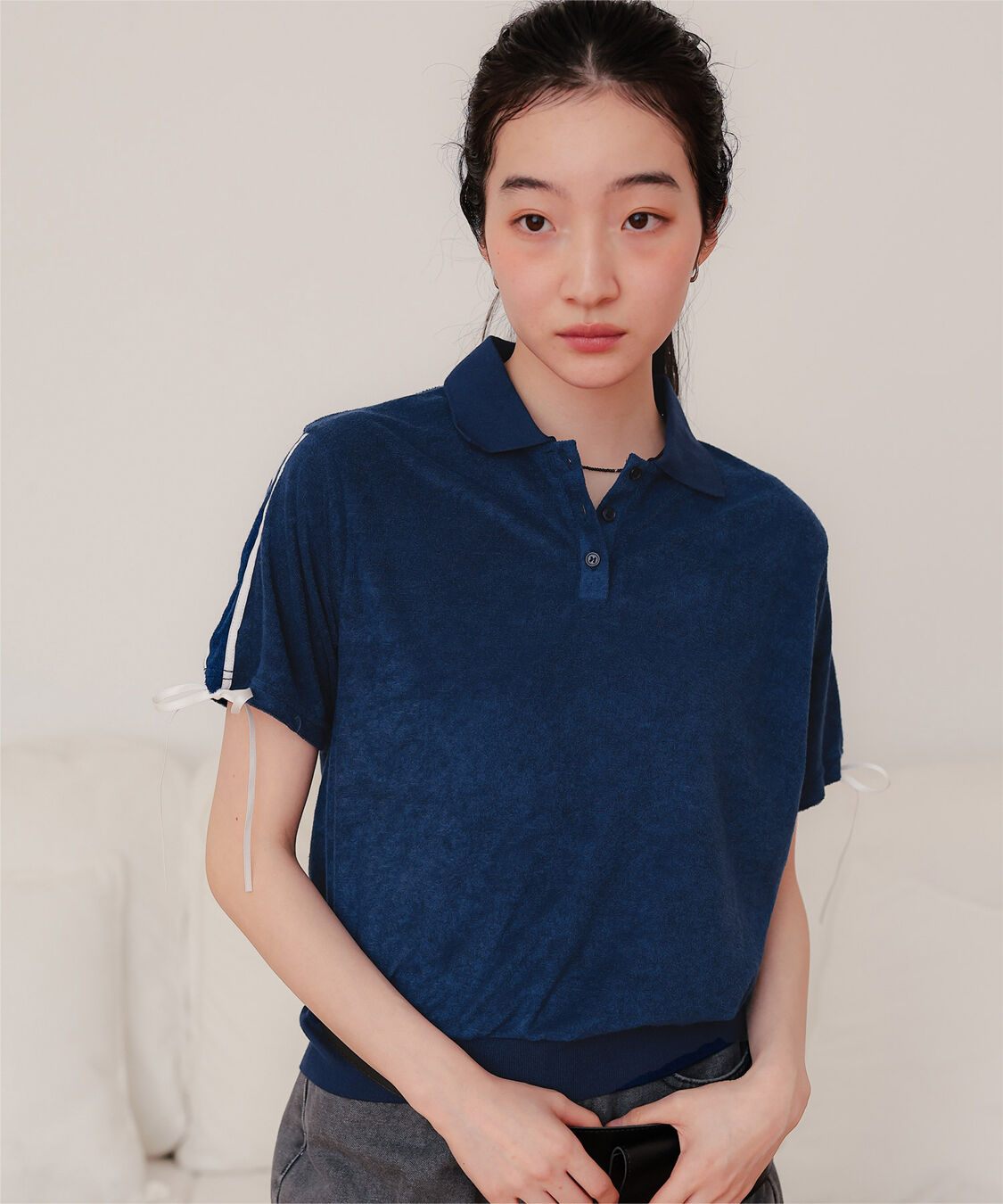 miette「配色リボンパイルトップス」|Tシャツ・カットソー|ネイビー