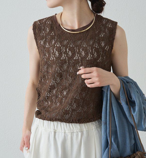  「ストレッチレースノースリーブTシャツ」|キャミソール|ブラウン