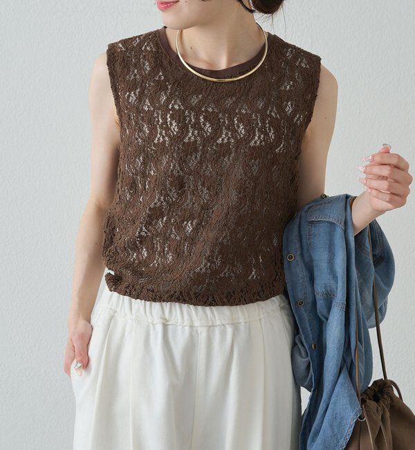  「ストレッチレースノースリーブTシャツ」|キャミソール|