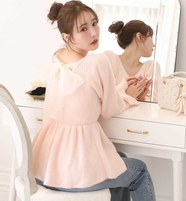  「バックリボンフェザーペプラムニット」|ニット・セーター|