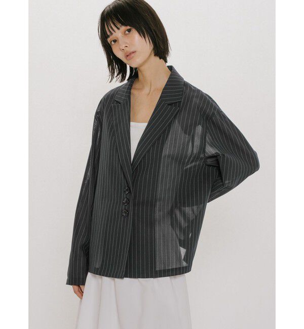 MIDIUMISOLID「MIDIUMISOLID for Ladies シアーテーラードシャツジャケット」|テーラードジャケット|ネイビーストライプ