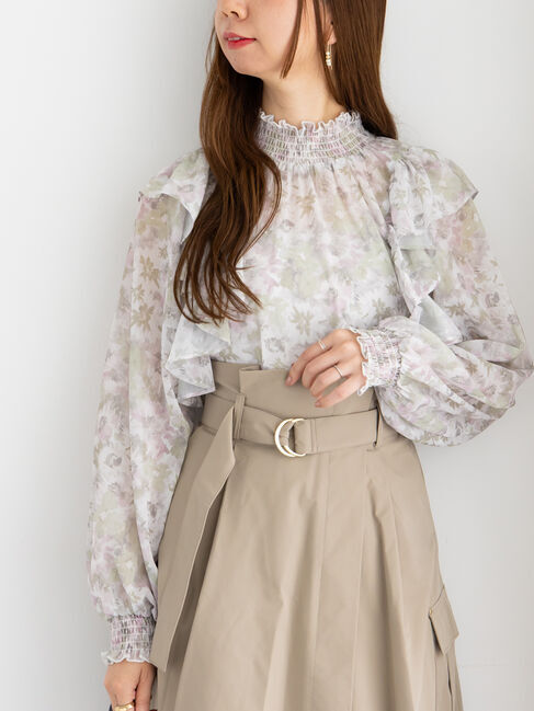 Te chichi「フラワーパターンシアーフリルブラウス」|シャツ・ブラウス|カーキ
