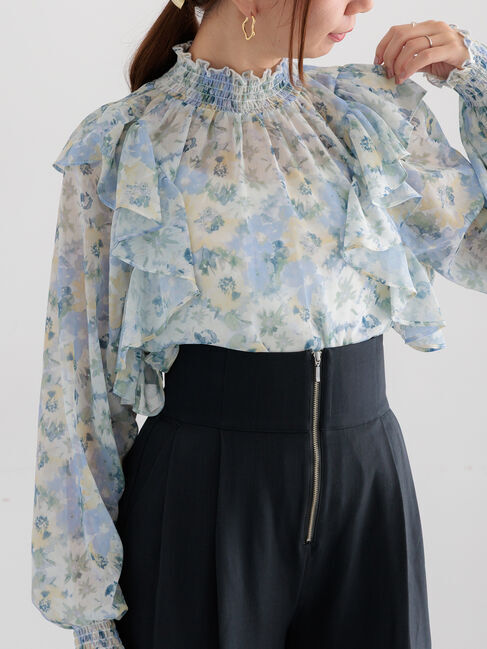 Te chichi「フラワーパターンシアーフリルブラウス」|シャツ・ブラウス|ブルー