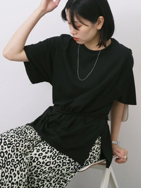 Samansa Mos2 blue「◎【接触冷感】ウエストリボンTシャツ」|Tシャツ・カットソー|