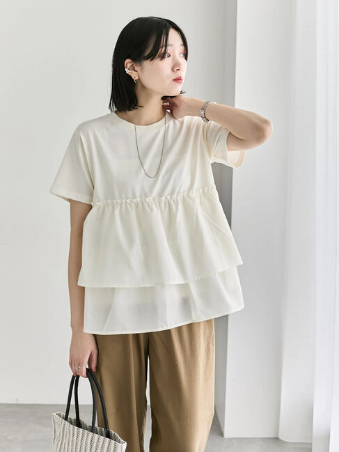 Samansa Mos2 blue「【接触冷感】ドッキングティアードプルオーバー」|Tシャツ・カットソー|オフホワイト