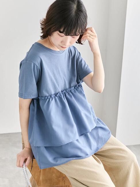 Samansa Mos2 blue「【接触冷感】ドッキングティアードプルオーバー」|Tシャツ・カットソー|ブルー