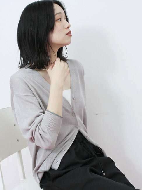 Samansa Mos2 blue「配色Vネックカーディガン」|カーディガン|Ｓグレー