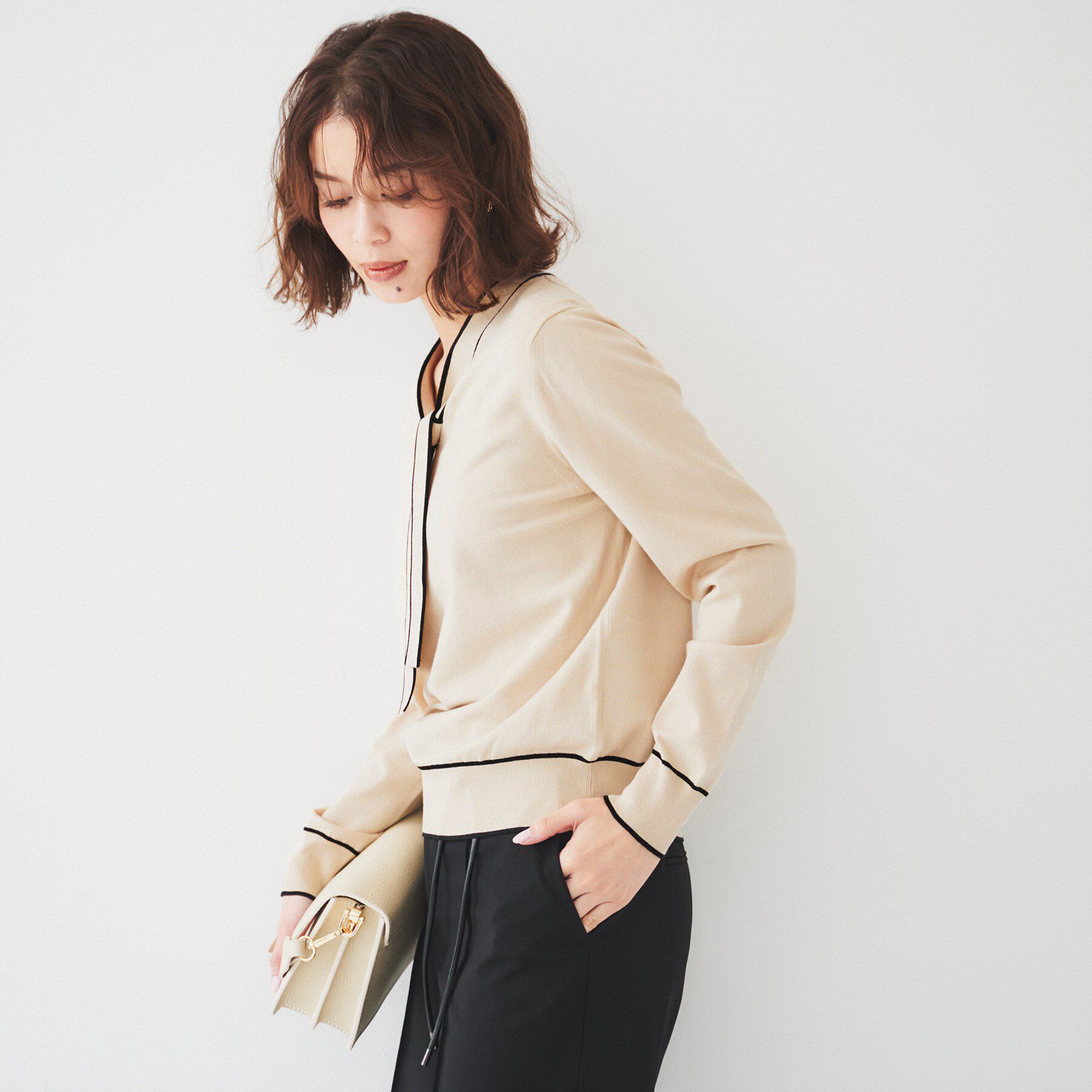 UNTITLED「【アンサンブル可能】ボウタイ 配色プルオーバーニット」|ニット・セーター|