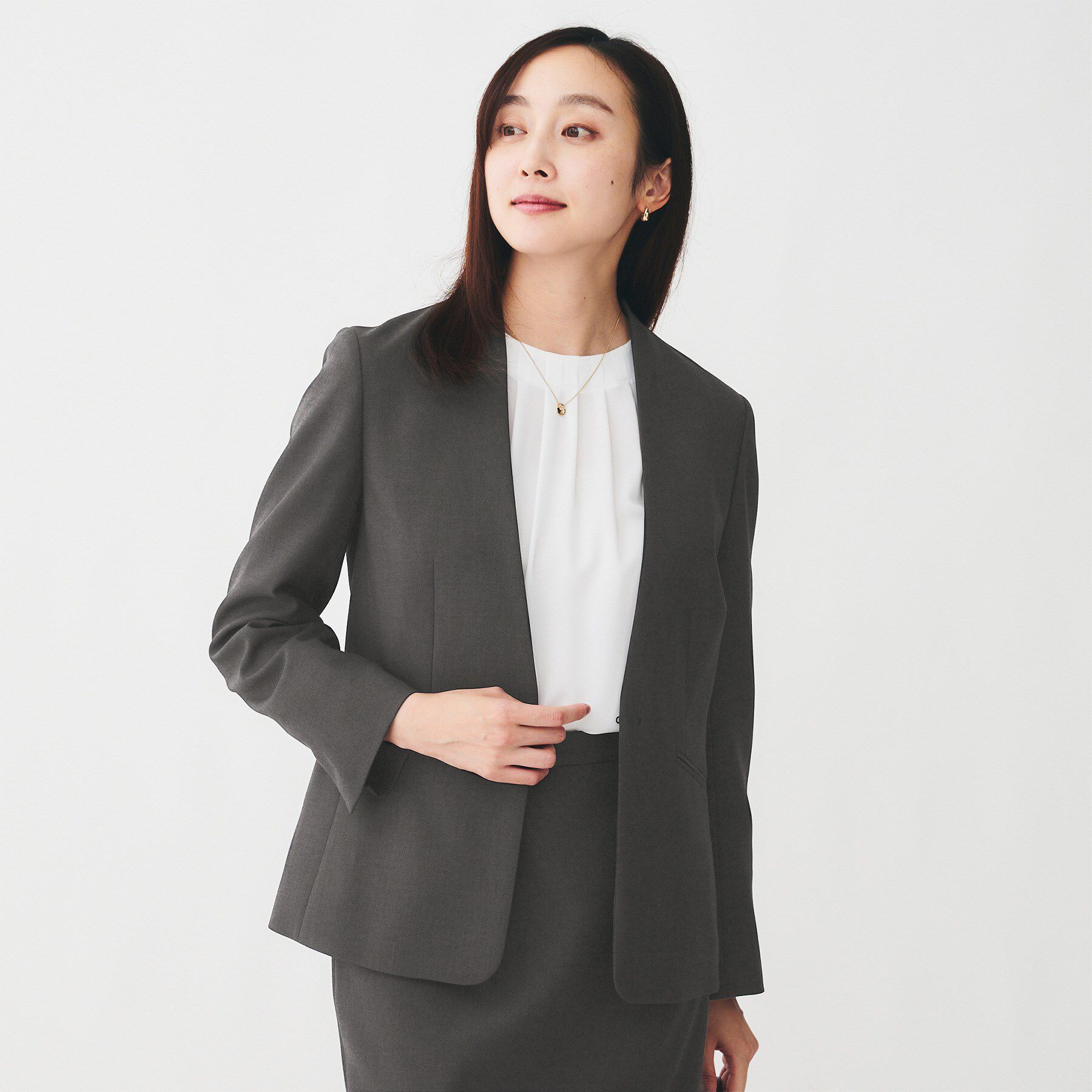 UNTITLED「【洗える/お仕事スーツ】ドライメランジ カラーレスジャケット」|ノーカラージャケット|チャコールグレー(6