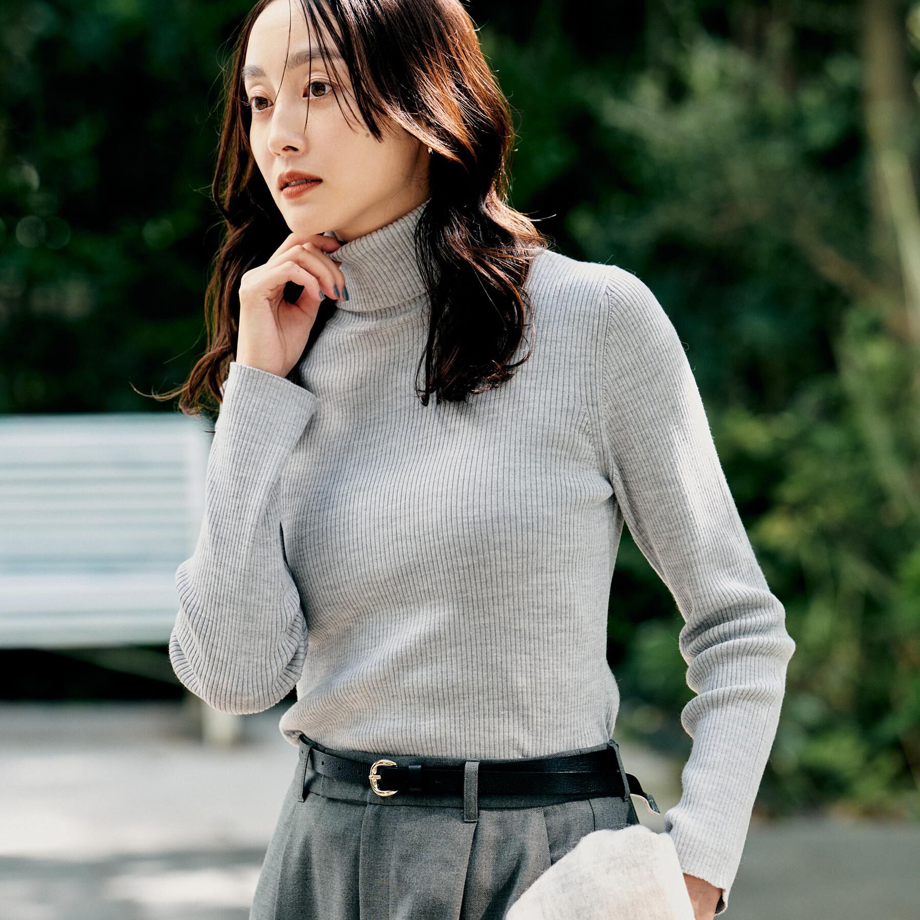 UNTITLED「【洗える/アンサンブル可能/ウール100%】リブタートルネックウールニット」|ニット・セーター|ライトグレー(011