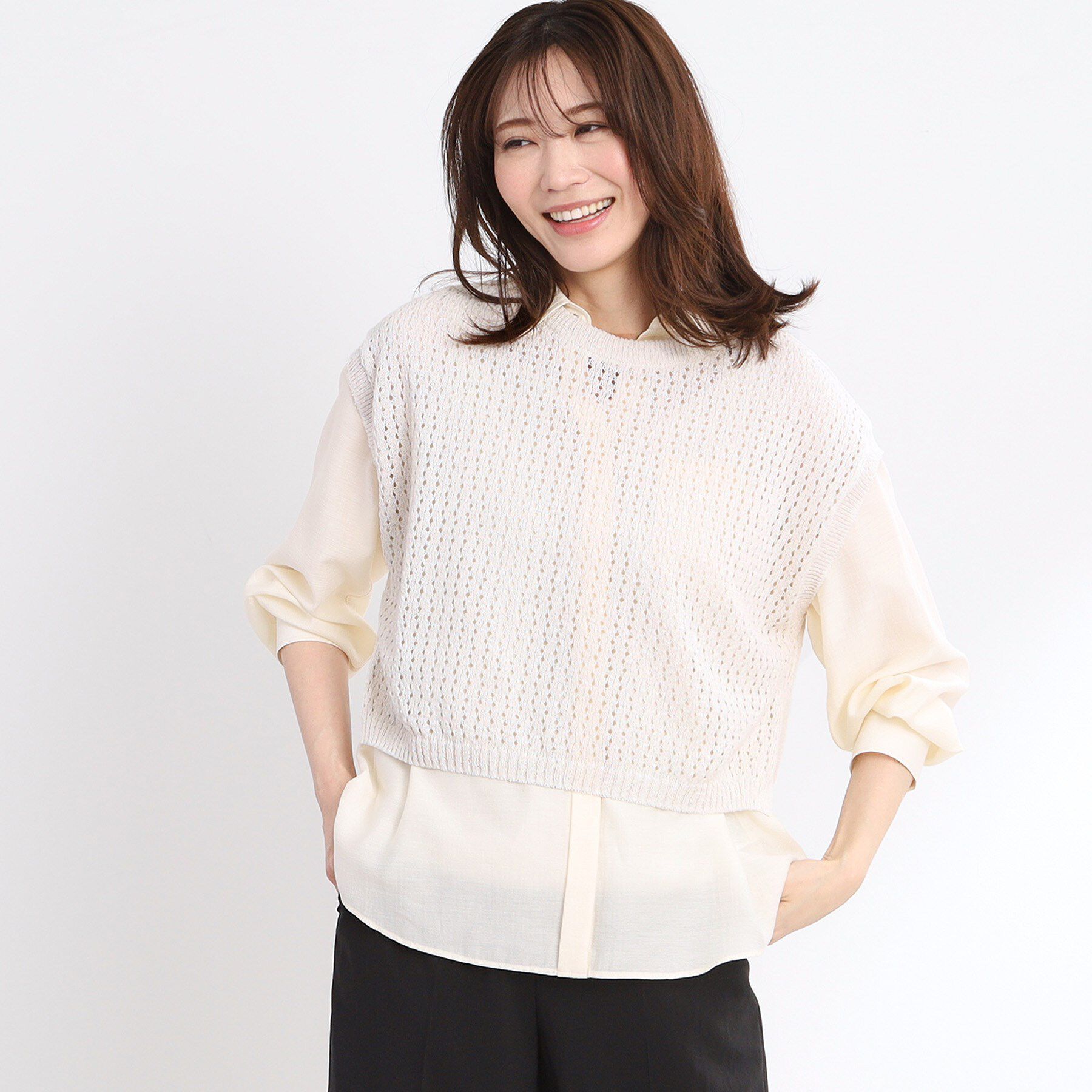 Reflect「【手洗い可】メッシュニットベスト」|ニット・セーター|グレージュ(050)