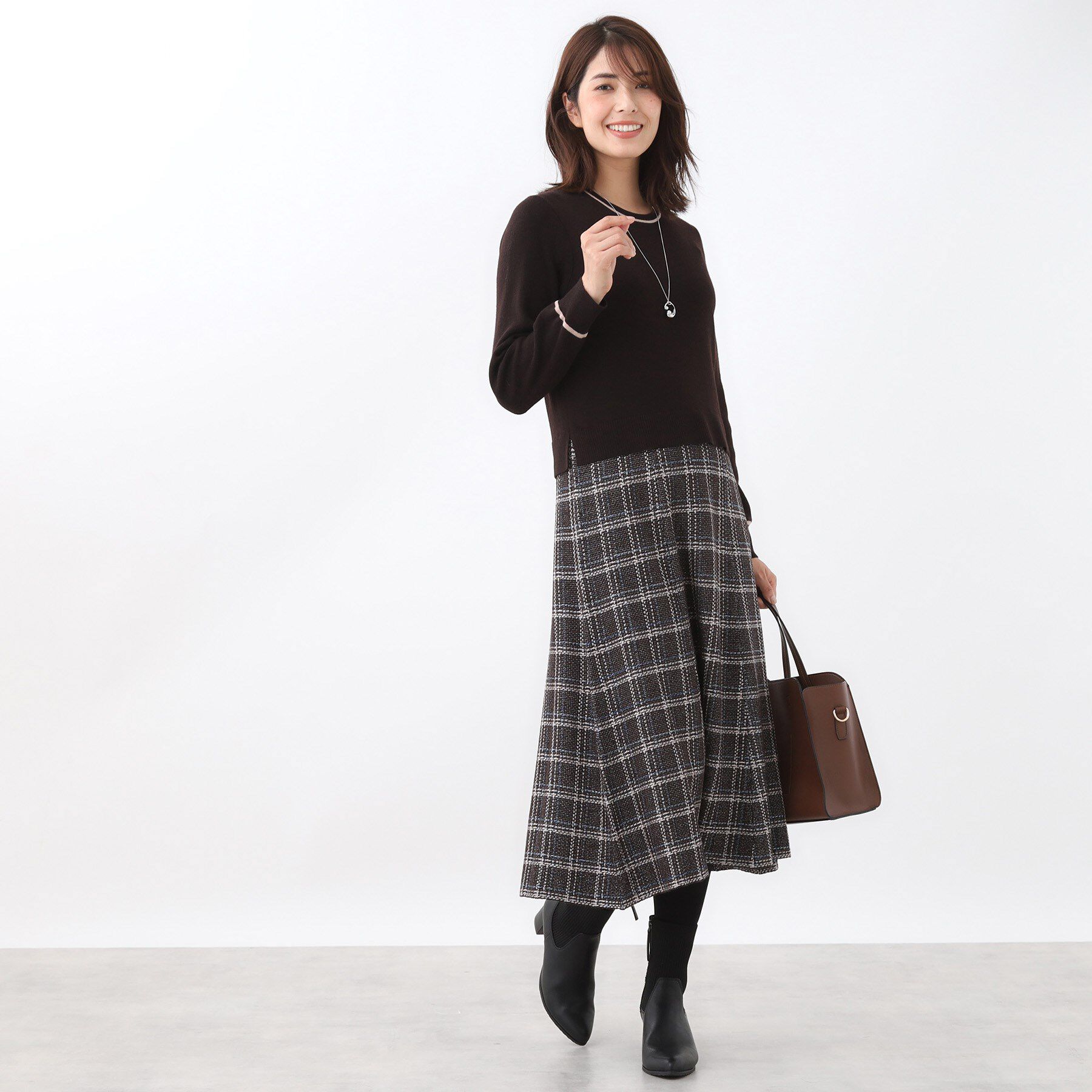 Reflect「【コートインでもすっきり◎】チェック柄ニットドッキングワンピース」|ワンピース|