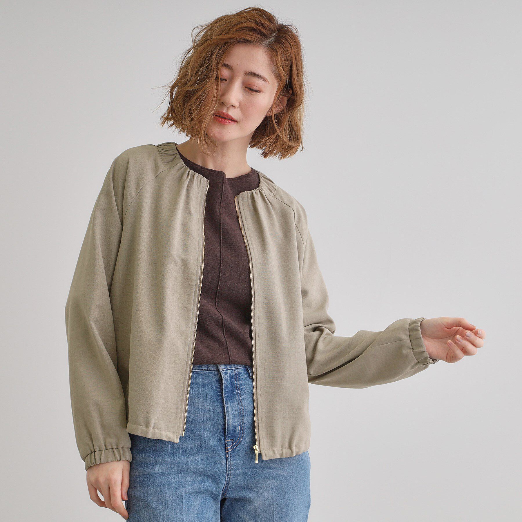 grove「軽やかに羽織る　リネンライクノーカラーブルゾン」|ブルゾン・スタジャン|