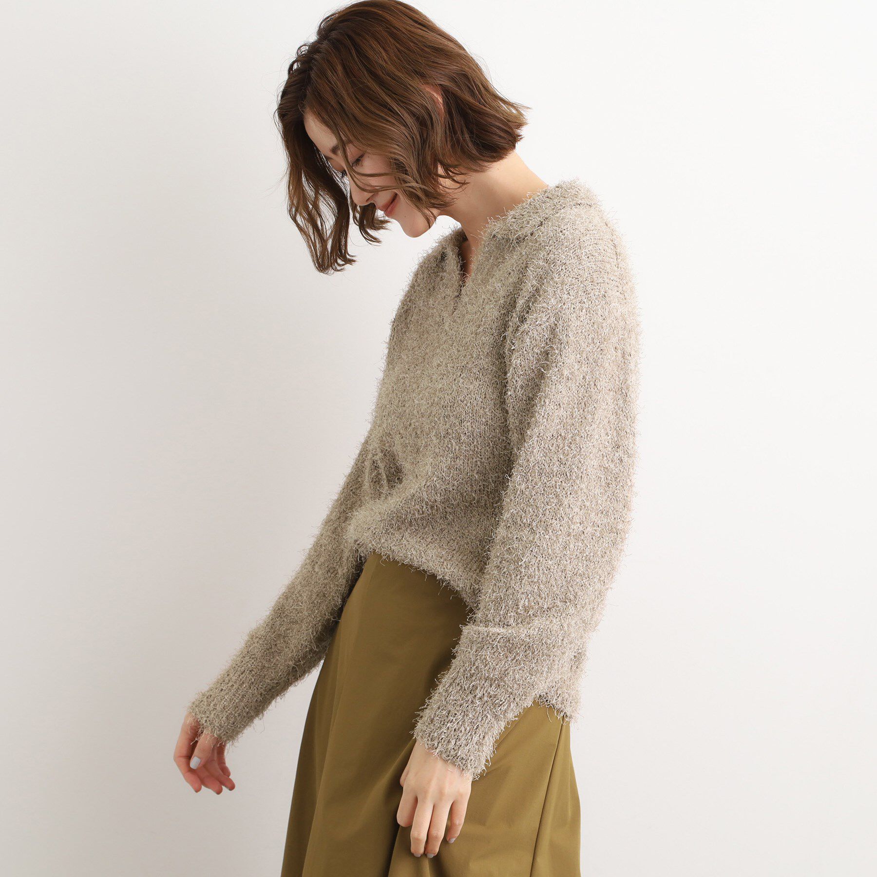 grove「【最終お値下げ！！】ラメフェザーヤーン オープンカラーニット」|ニット・セーター|