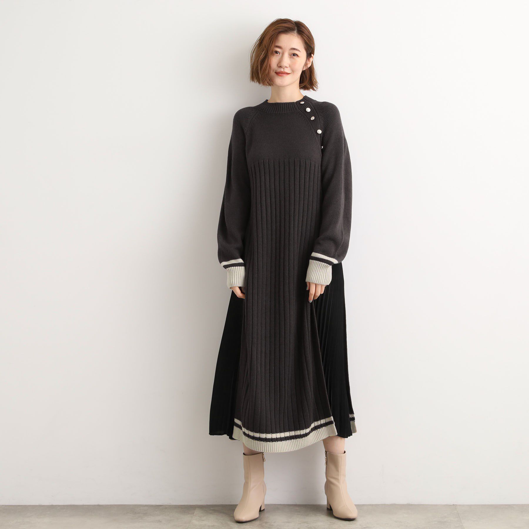 grove「【選べる着丈】配色サイドプリーツニットワンピース」|ワンピース|
