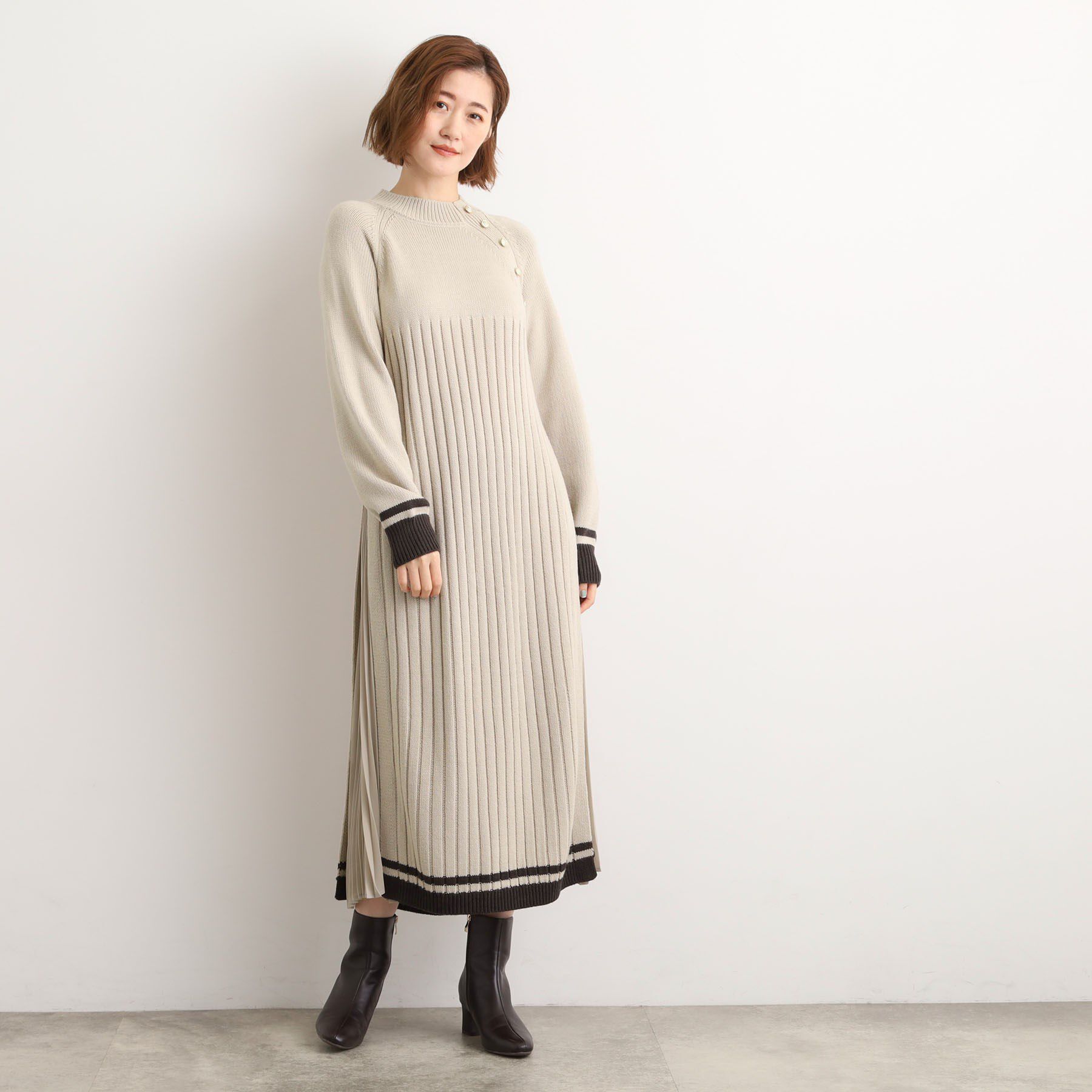 grove「【選べる着丈】配色サイドプリーツニットワンピース」|ワンピース|