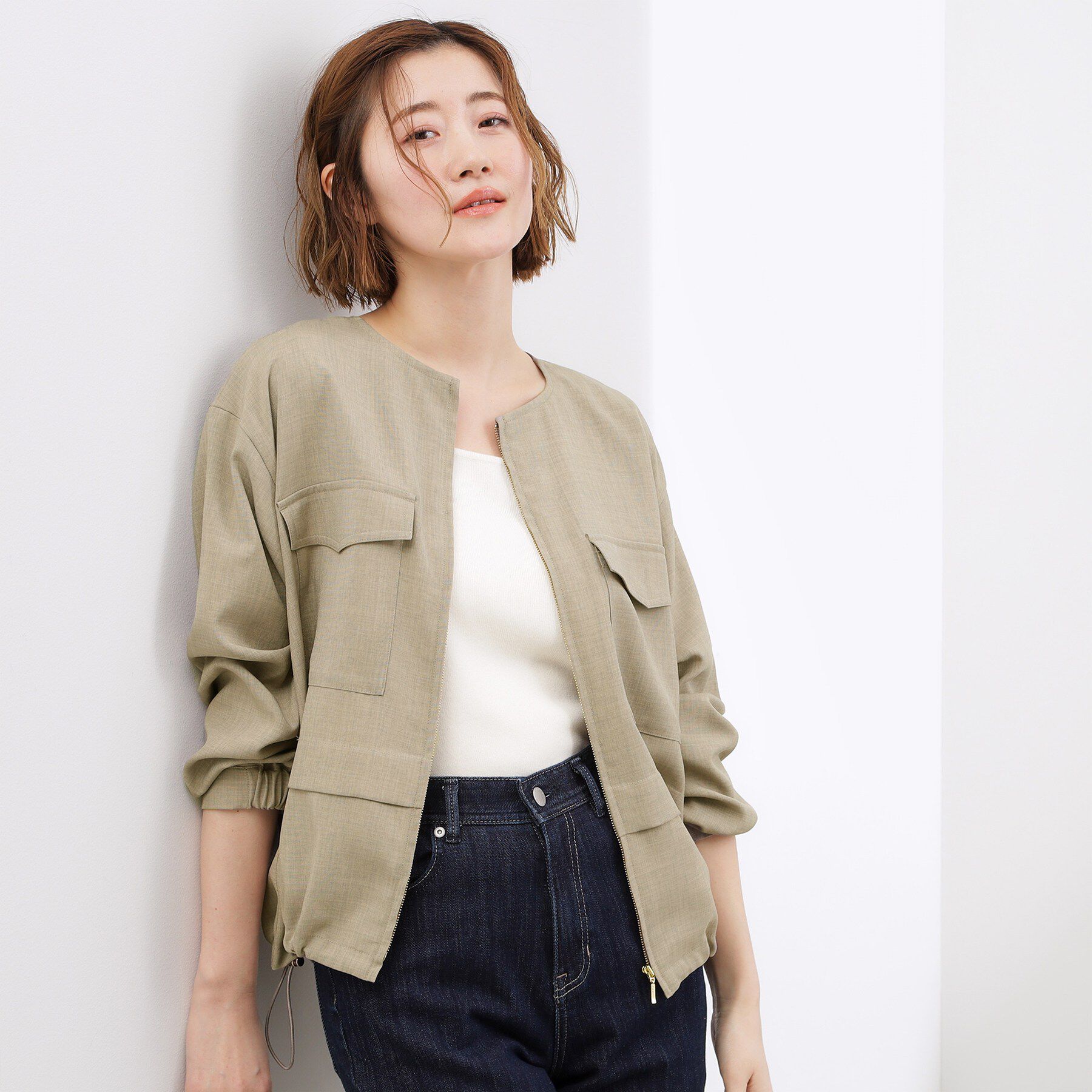 grove「【貴島明日香さん着用・洗える】麻調ノーカラーブルゾン」|ブルゾン・スタジャン|
