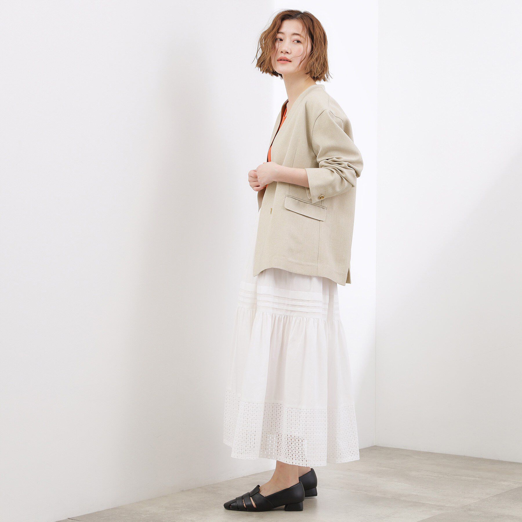 grove「【貴島明日香さん着用】リネンライクカラーレスジャケット」|ノーカラージャケット|