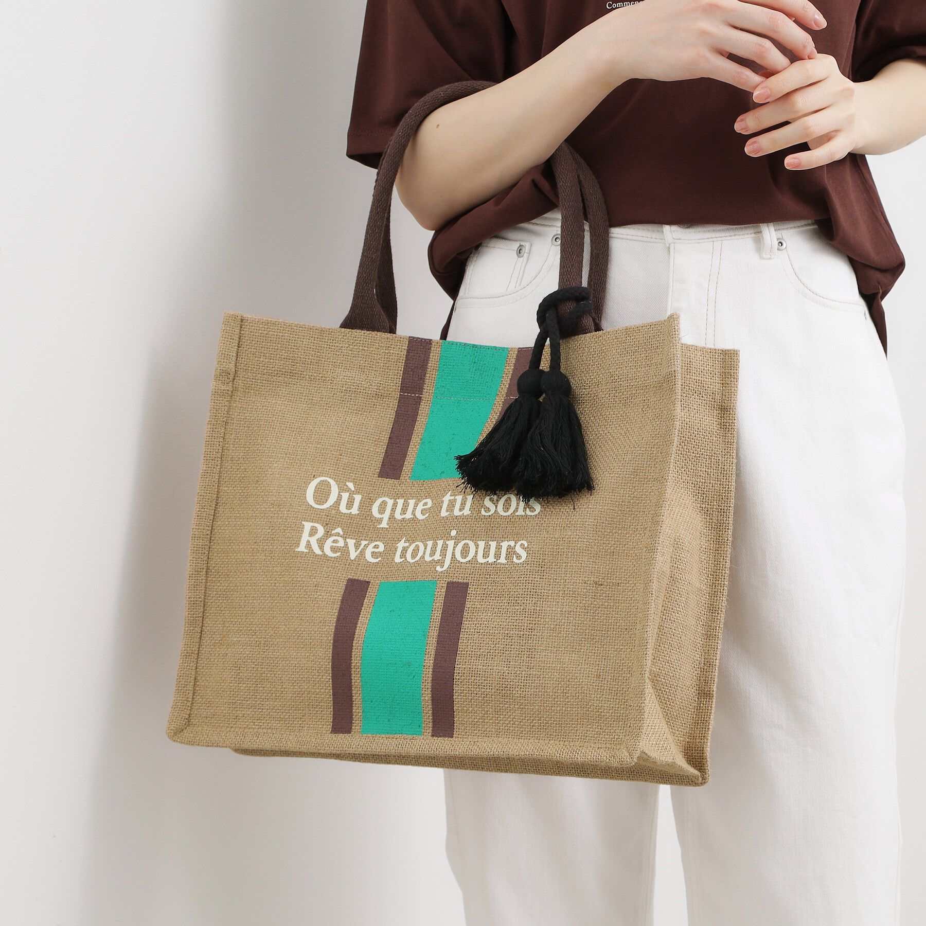 grove「ストライプジュートタッセルA4トート」|トートバッグ|グリーン(322)