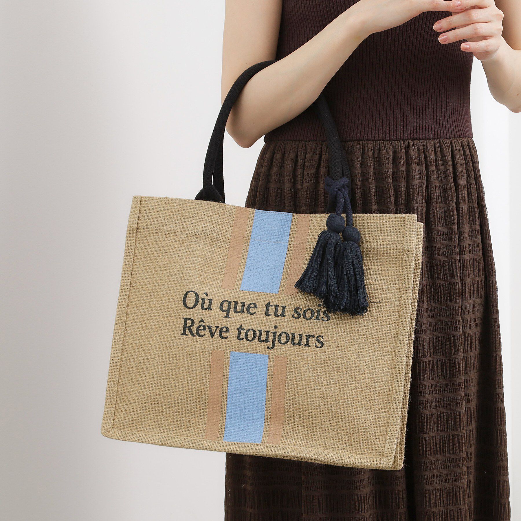 grove「ストライプジュートタッセルA4トート」|トートバッグ|ブルー(391)