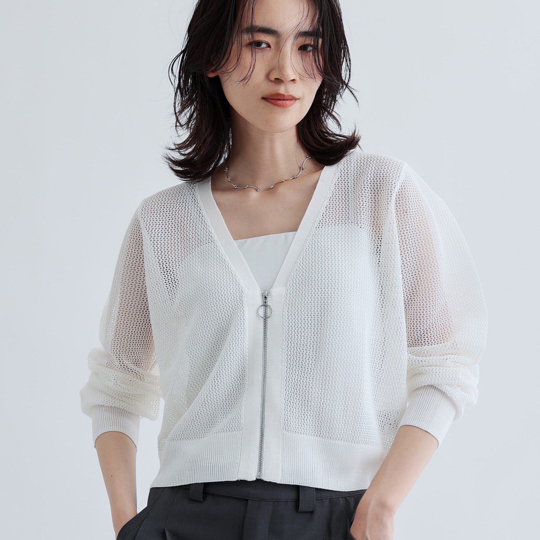 GALLEST「【再入荷】メッシュジップカーディガン」|カーディガン|ホワイト(001)