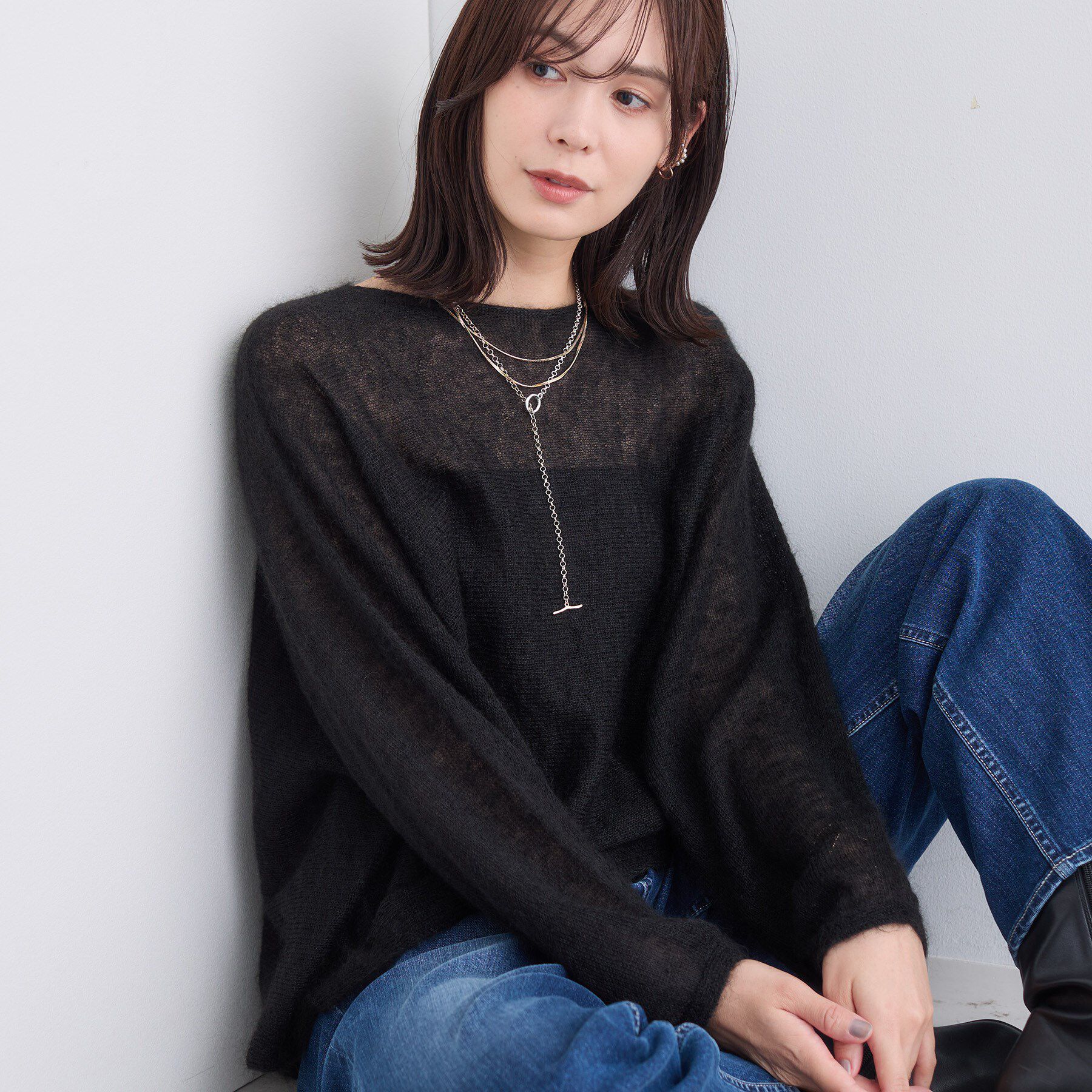 INDIVI「【キッドモヘヤ素材】ラウンドヘムニット」|ニット・セーター|ブラック(019)