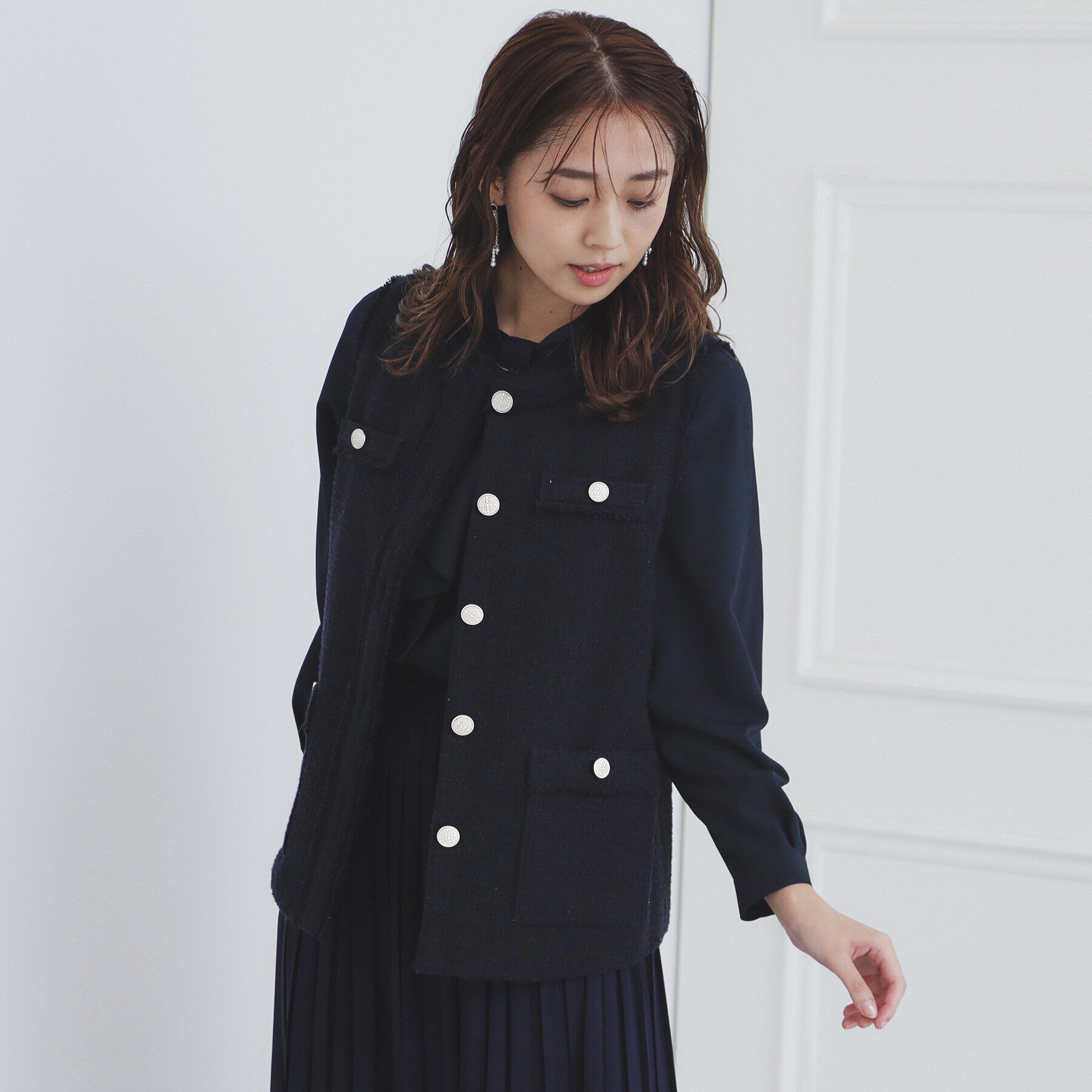 index「《美人百花掲載》ポケット付きツイードジレ/通勤・セレモニー対応【洗える】」|ベスト・ジレ|ネイビー(094)