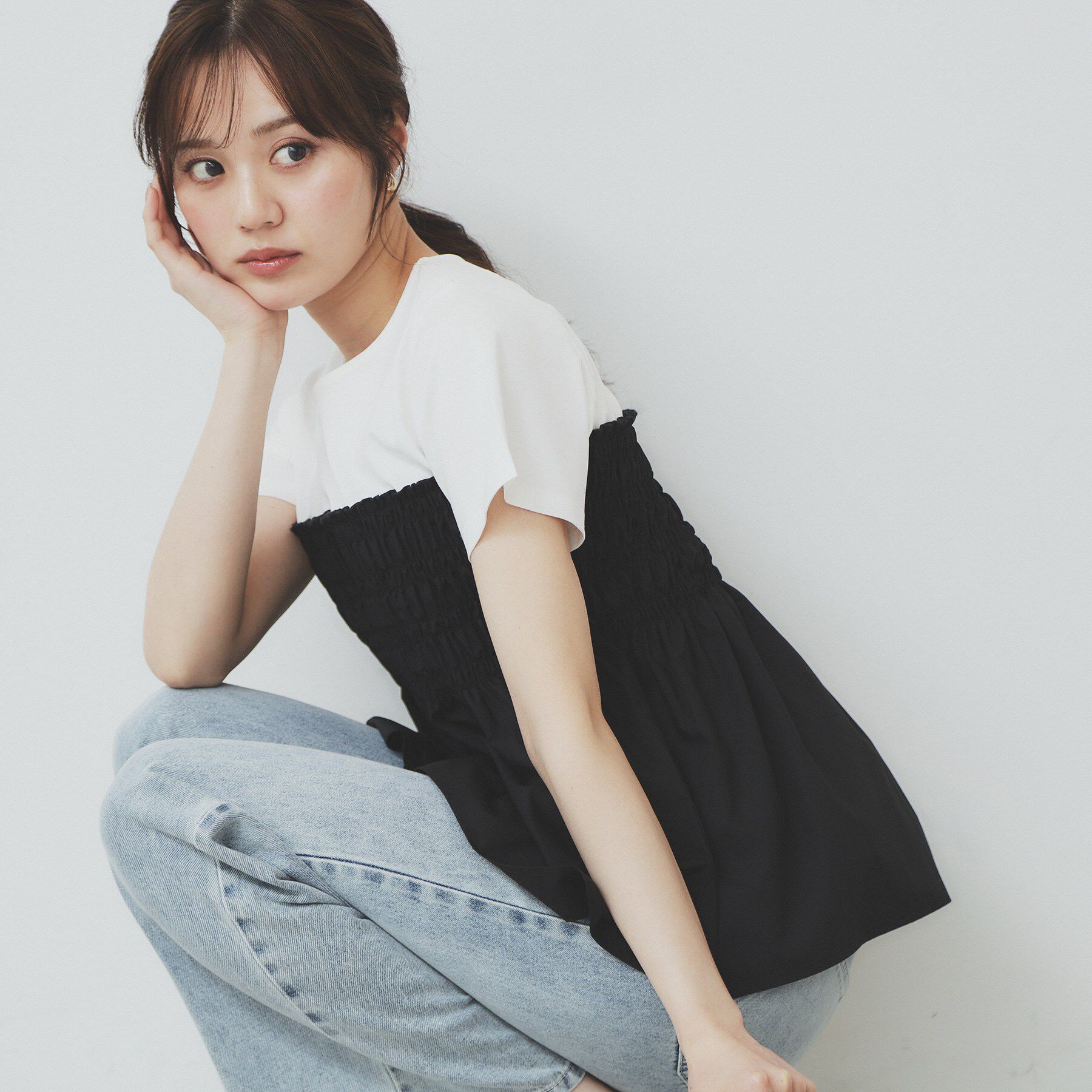 index「シャーリングドッキングペプラムトップス【洗濯機洗い可】」|Tシャツ・カットソー|ブラック(519)