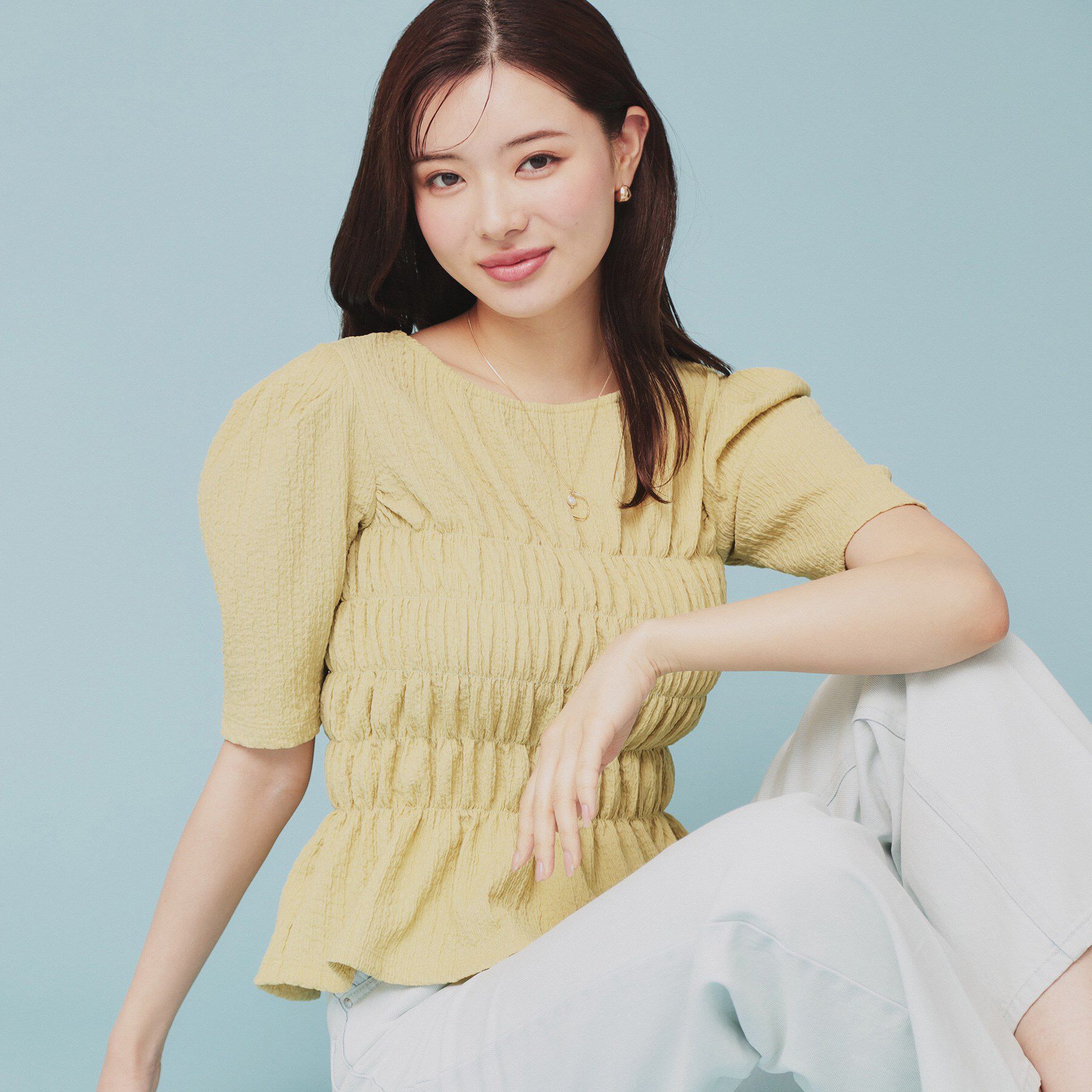 index「シャーリングペプラムトップス【洗濯機洗い可】」|Tシャツ・カットソー|イエロー(031)