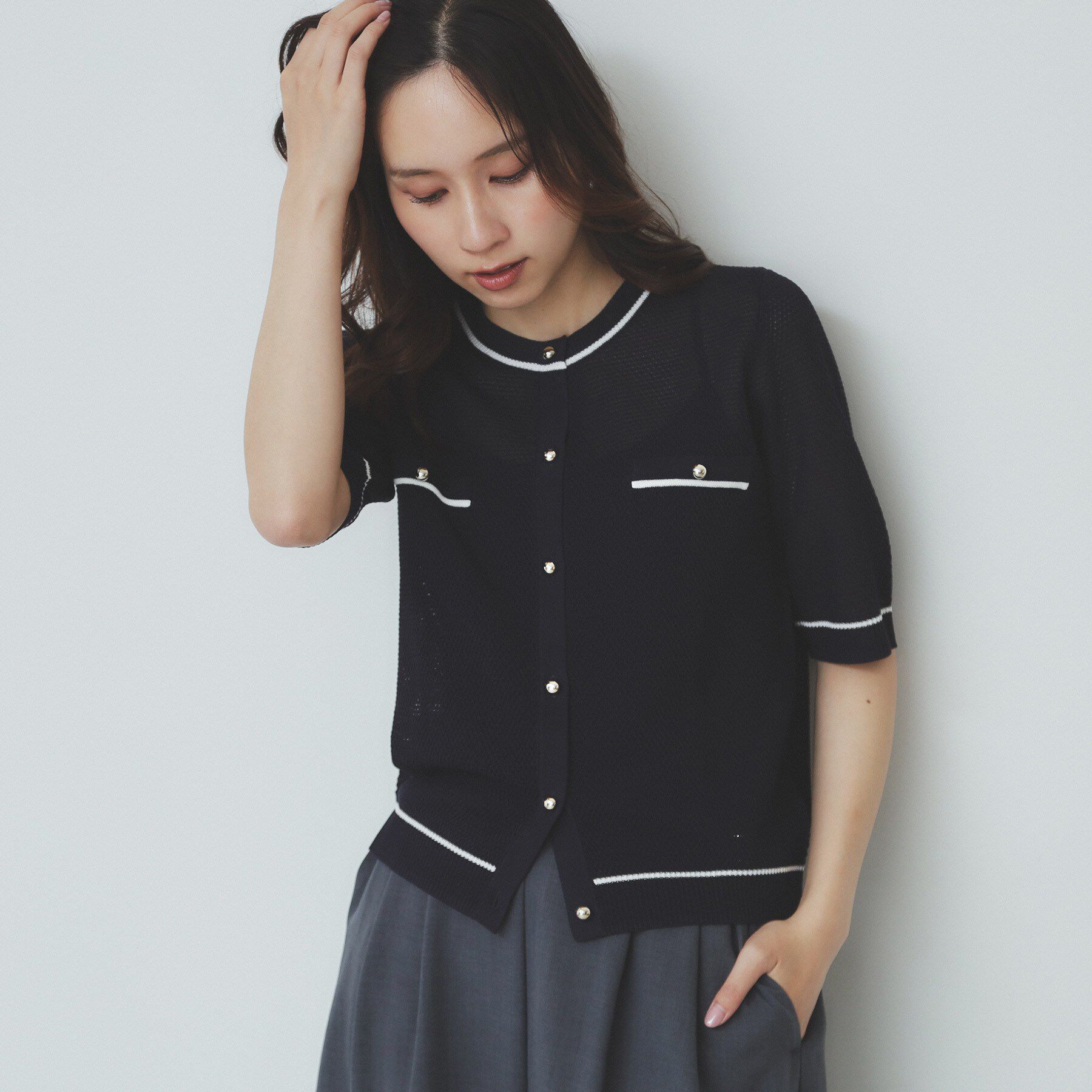 index「バイカラー半袖カーディガン【洗える/抗ピル】」|カーディガン|ネイビー(594)