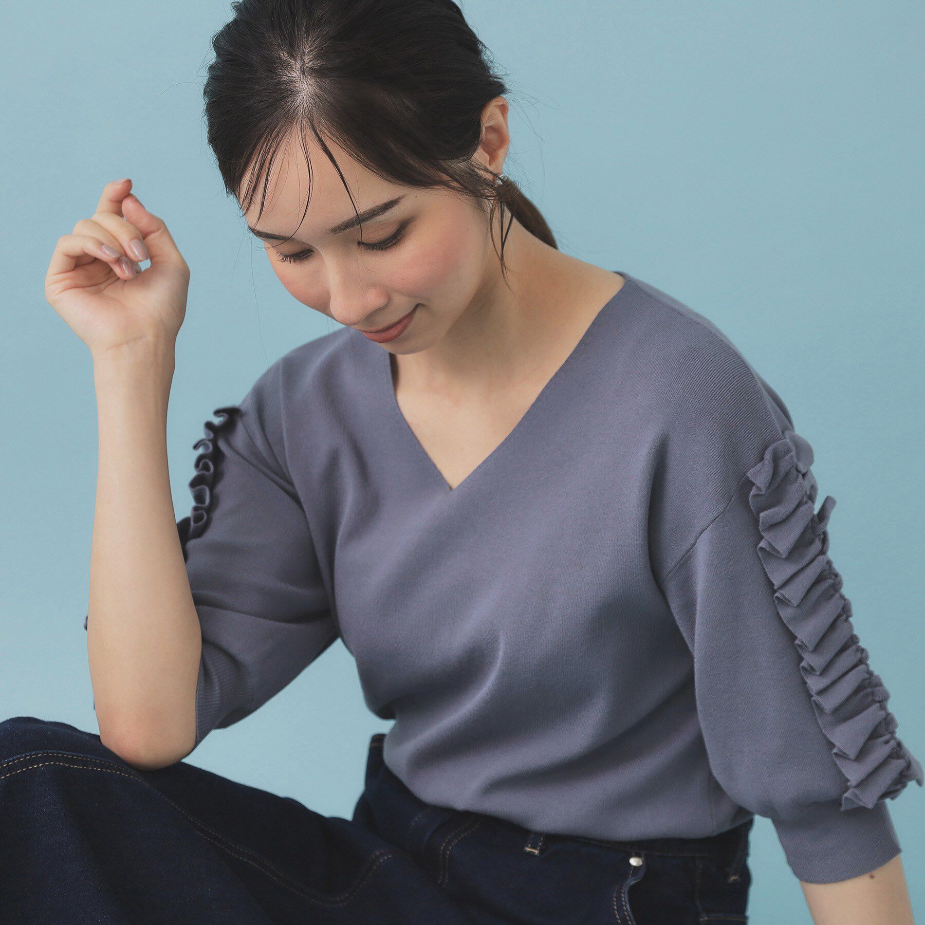 index「ラップフリルVネックニット【洗濯機洗い可/接触冷感/UVケア】」|ニット・セーター|ブルー(892)