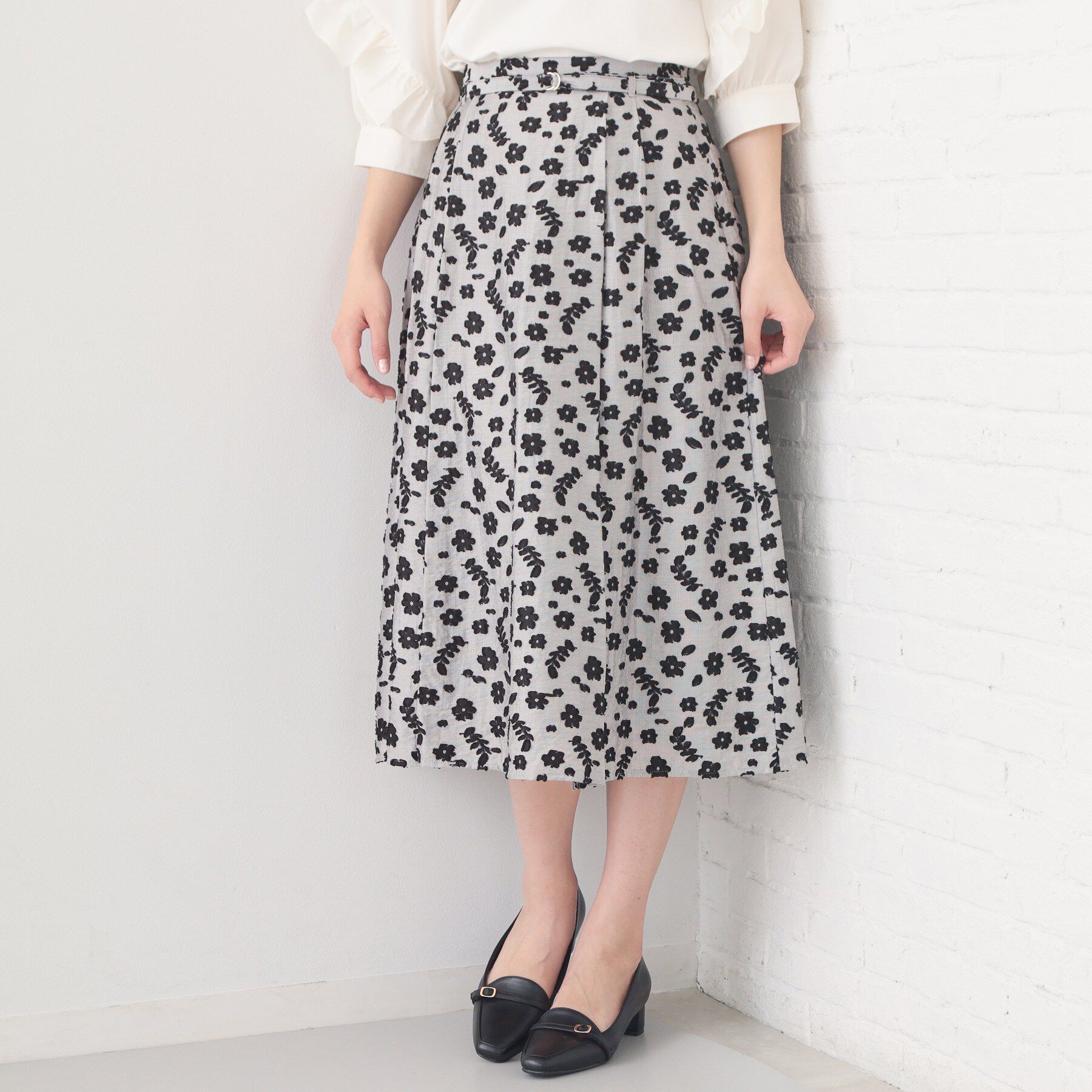 index「麻調花柄ジャカードフレアスカート【洗える】」|スカート|