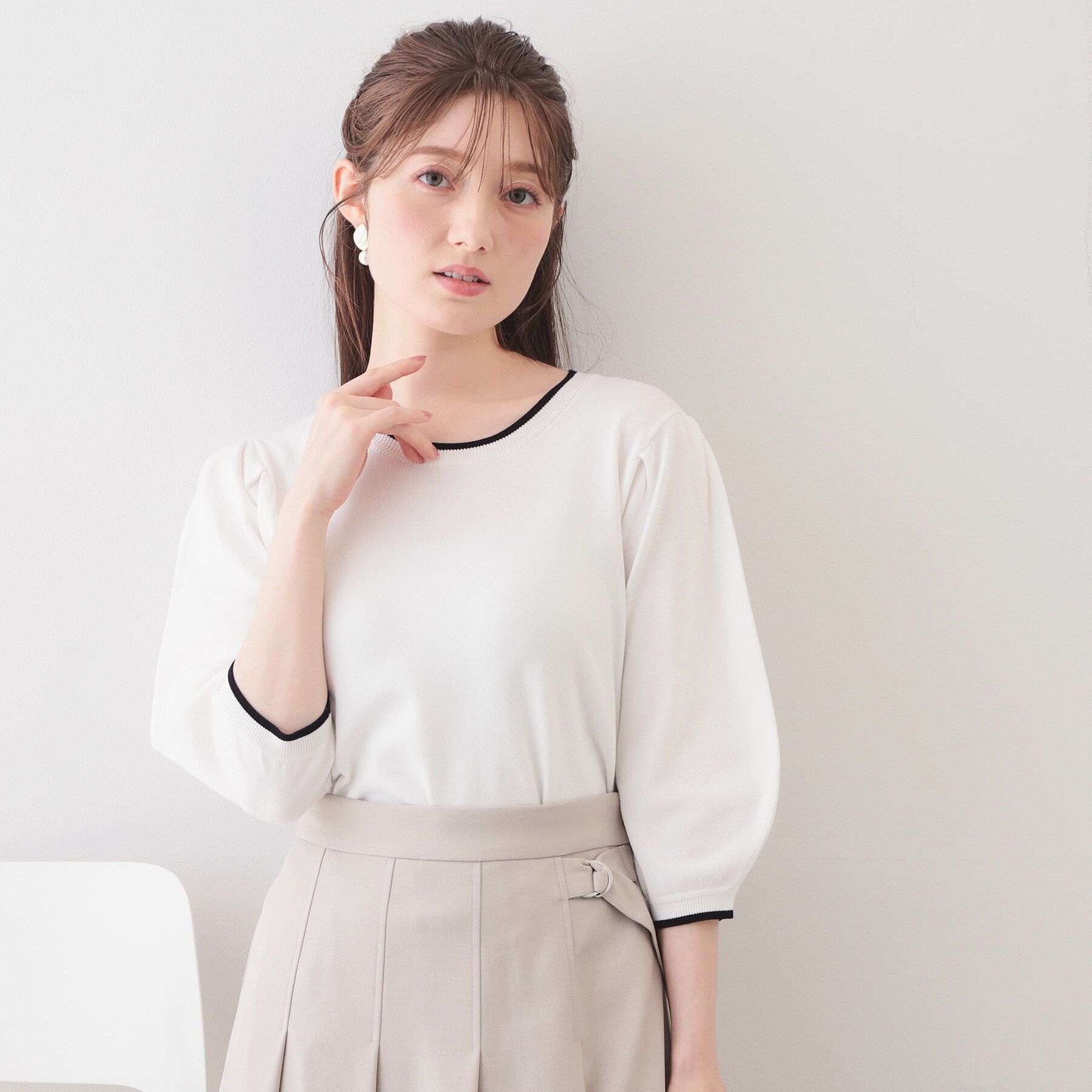 index「6分袖タックスリーブニット【洗濯機OK/UVケア】《XS～LL/9col》」|ニット・セーター|オフホワイト(503