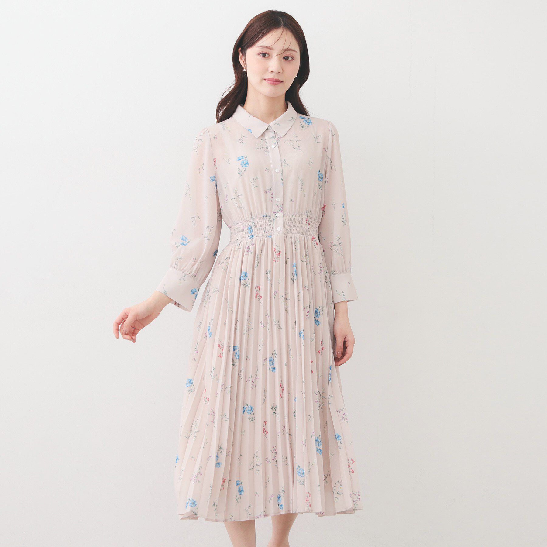 index「衿付き花柄プリーツフレアワンピース【洗濯機OK/イージーアイロン】」|ワンピース|