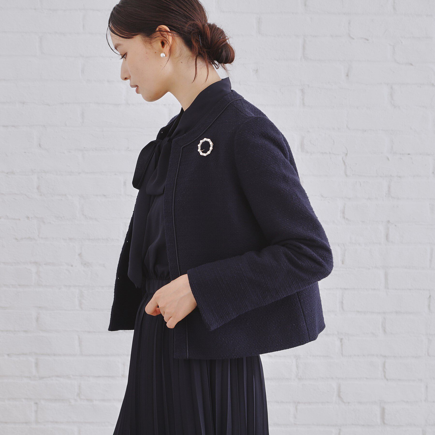 OPAQUE.CLIP「《通勤・セレモニー対応》コットンツイードジャケット」|ノーカラージャケット|